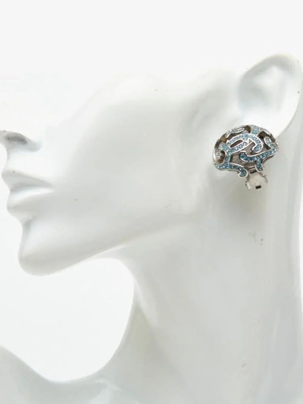 Dior Earrings Silver Blue Metal Rhinestone - Picture 5 of 5